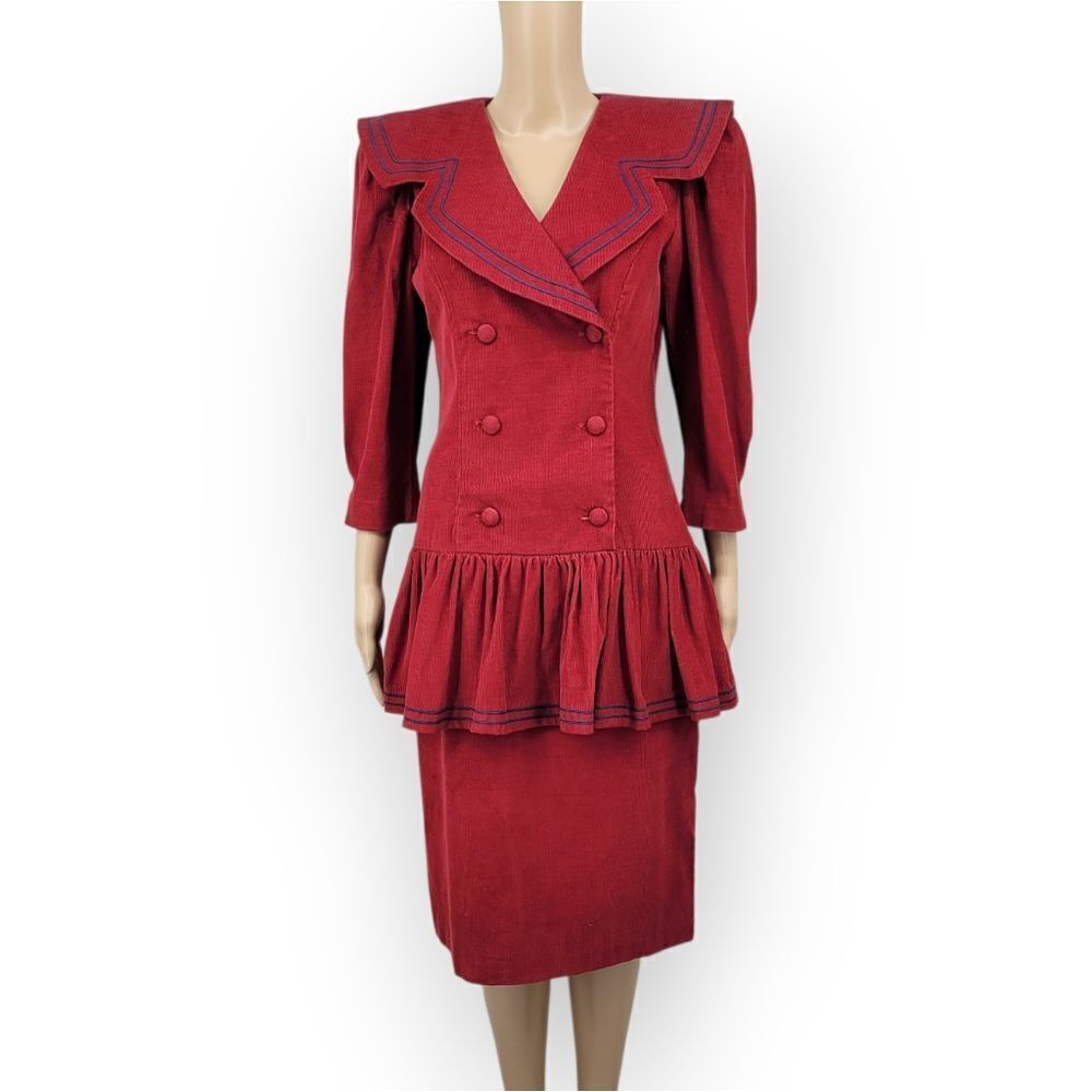 Vintage 80s Corduroy Red Double Breasted Dress Peplum Drop Waist Sailor